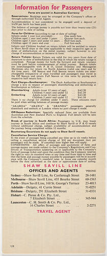 Fare Schedule - Shaw Savill Line, One-Class Tourist Liners, 4th Jan 1970