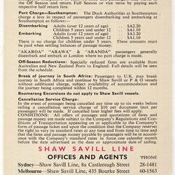 Fare Schedule - Shaw Savill Line, One-Class Tourist Liners, 4th Jan 1970