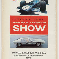 Cover of Motor Show catalogue with racing car at top and sports car below