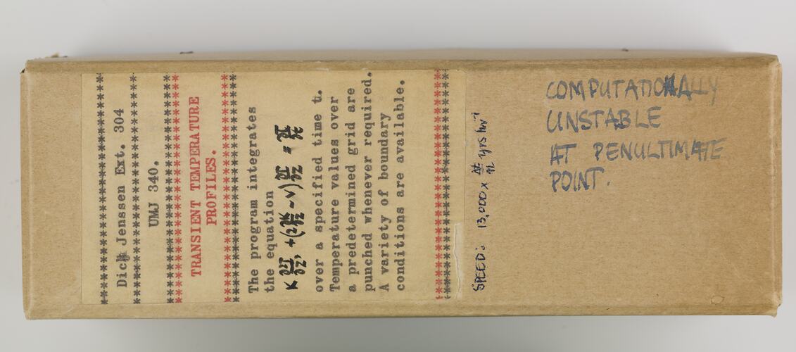 Brown rectangular cardboard box, typewritten label on lid.