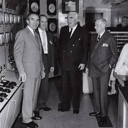 Photograph - Kodak Australasia Pty Ltd, Prime Minister Robert Menzies with Dr Albert Chapman, Henry Foote & Stuart Sanderson at the Official Opening of the Kodak Factory, Coburg, 1961