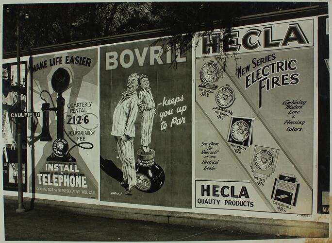 Photograph - Billboard Posters featuring Bovril, Hecla Electrics Pty Ltd, 'Electric Fires', Caulfield, circa 1940