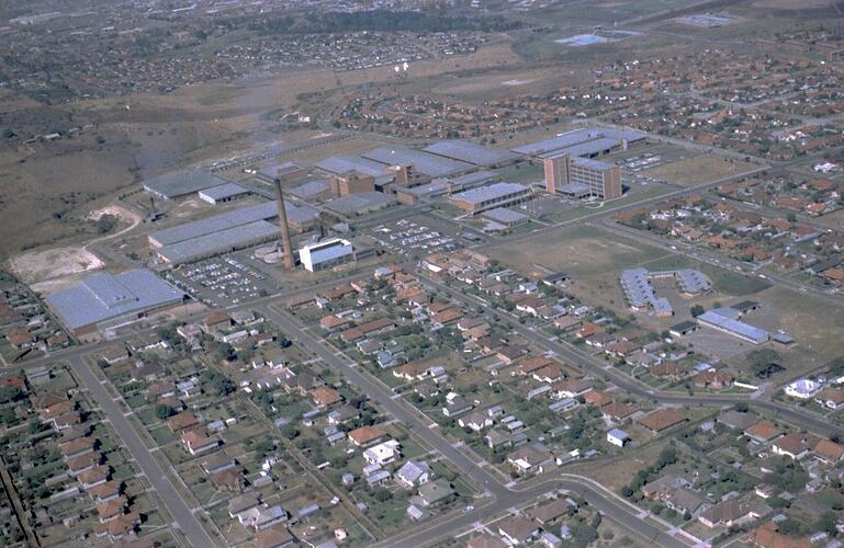 Negative - Kodak Australasia Pty Ltd, Aerial View of the Kodak Factory Complex and Suburbia, Coburg, 1965