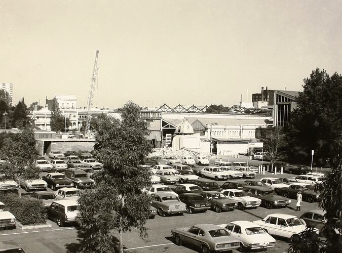 Photograph - Demolition of Royale Ballroom from Northern Car Park, Exhibition Building, Melbourne, 1979