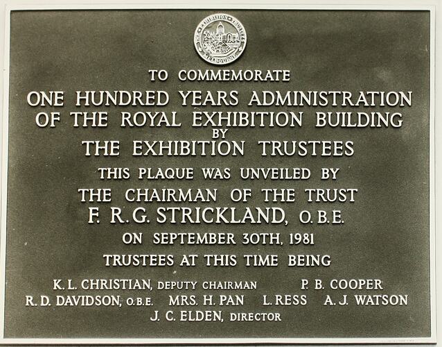Photograph - Plaque Commemorating 100 Years of Administration of the Royal Exhibition Building, Melbourne, 30 September 1981