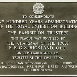 Photograph - Plaque Commemorating 100 Years of Administration of the Royal Exhibition Building, Melbourne, 30 September 1981
