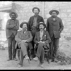 Purunda (Warwick),  Chance,  Erlikiliakirra (Jim Kite), Frank Gillen, and Baldwin Spencer, members of the 1901-1902 Expedition, Alice Springs, Central Australia, 18 May 1901.