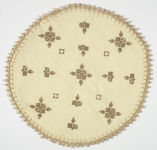 Table Mat - Round, Gold Embroidered, circa 1950s