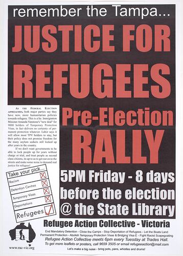 Poster - Justice for Refugees Pre-Election Rally, Refugee Action Collective, 2004