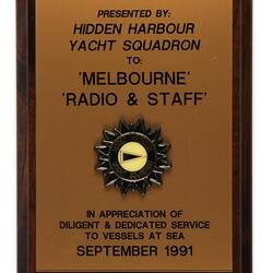 Appreciation Plaque - Hidden Harbour, Melbourne Coastal Radio Station, 1991