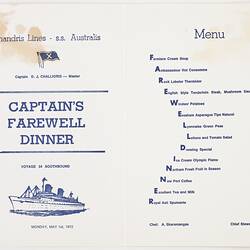 Menu - SS Australis, Chandris Lines, Captain's Farewell Dinner, 1 May 1972