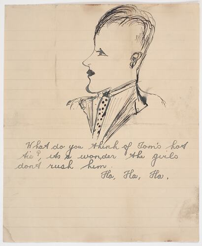 Buff coloured sheet of paper with hand drawn portrait of man in black ink. Handwritten text below.