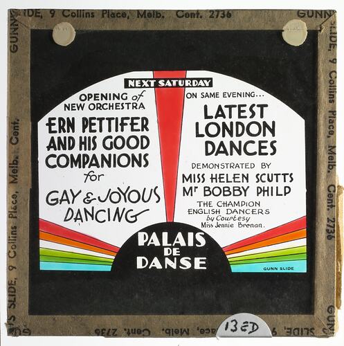 Lantern Slide - 'Palais De Danse', St Kilda, Coloured Advertisement, for Use With BANZARE Lantern Slides & Film, circa 1929-1940
