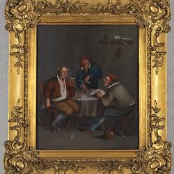Painting - Tavern Scene, Three Men, Oil on Tin, circa 1880