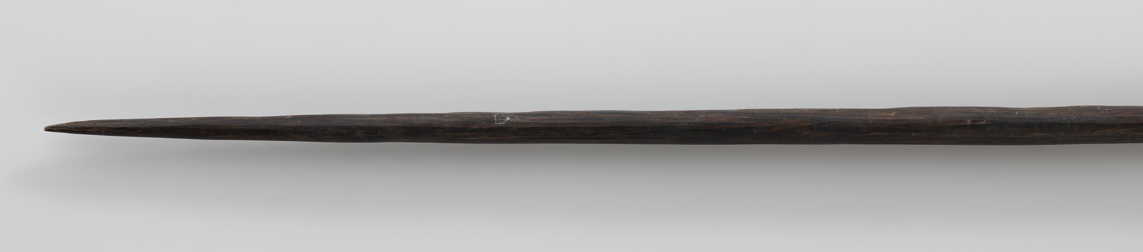 Dark wooden spear with sharp point.