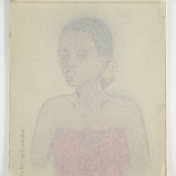 Open book page, with tracing paper above faint outlines of drawing of a woman below.