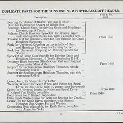 Parts List - H.V. McKay Massey Harris, 'Sunshine No.2 Power-Take-Off Header', 1941