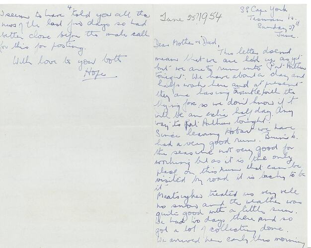 Letter - From Hope Macpherson to Parents During Expedition to Wilsons Promontory and Islands off Tasmania, 27 Jun 1954