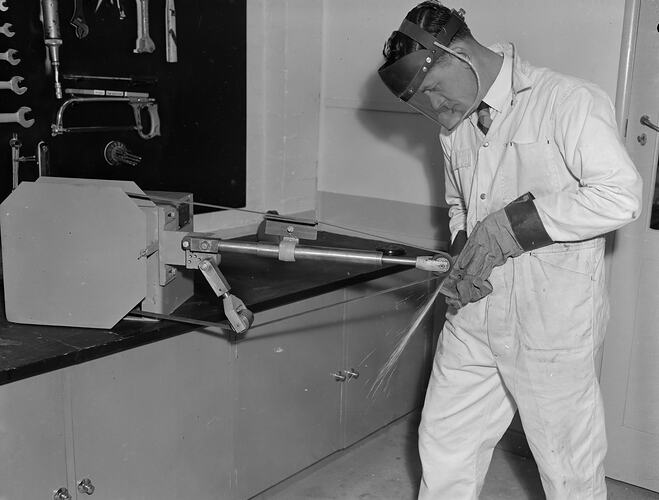 Behr-Manning Pty Ltd, Man in Workshop, Camberwell, Victoria, Sep 1954