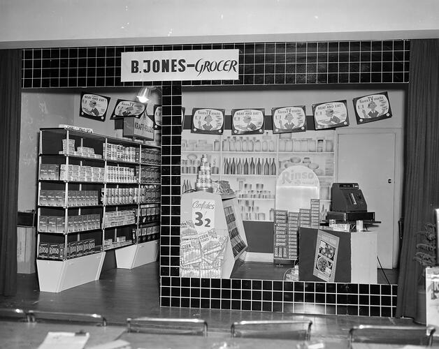 B Jones, Grocer', Promotional Display, Caulfield, Victoria, Mar 1957