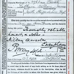 Certificate - Character, Private William James Latham, British Army, 13 Aug 1920