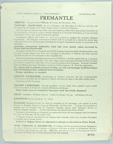 Notice - 'Fremantle', SS Stratheden, 5 Dec 1961