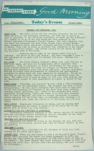 Information Sheet - P&O SS Stratheden, 'Today's Events', Indian Ocean, 5 Dec 1961