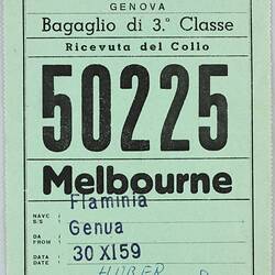 Baggage Receipt - Third Class, No. 50225, 'M/N Flaminia, 30 Nov 1959