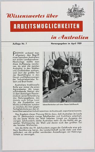 Booklet - 'Wissenswertes uber Arbeitsmoglichkeiten in Australien', Commonwealth of Australia, Apr 1959