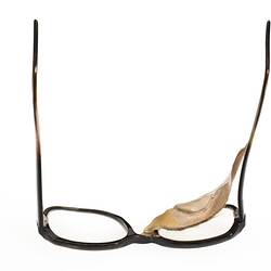 Top view of plastic prosthetic glass left eye with upper left cheek, eyebrow and eyelashes attached to brown plastic spectacles.