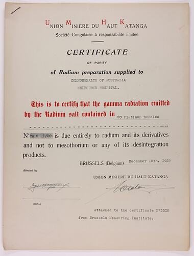 Certificate - Radium Certificate of Purity, Union Miniere du Haut Katanga, Brussels, 1927