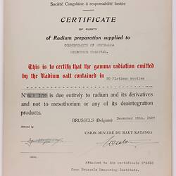 Certificate - Radium Certificate of Purity, Union Miniere du Haut Katanga, Brussels, 1927