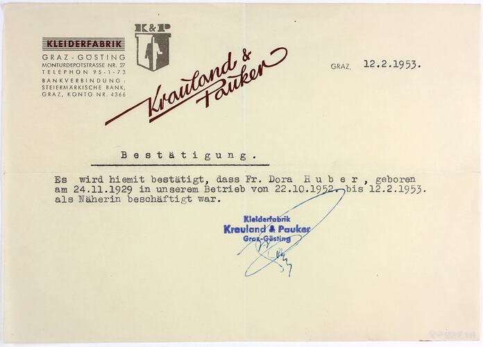 Employment Reference - Krauland & Parker, Dorothea Huber, Graz, Austria 12 Feb 1953