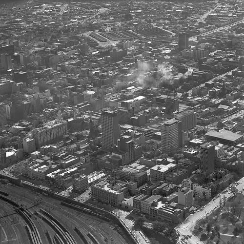 Monochrome aerial photograph of Melbourne.