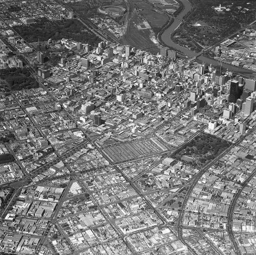 Monochrome aerial photograph of Melbourne.