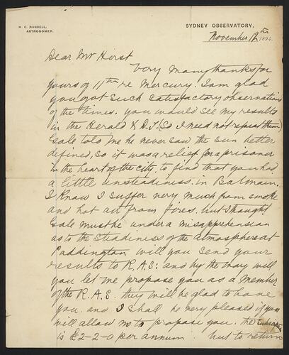 Letter, Henry Chamberlain Russell to George Denton Hirst, 12 Nov 1894