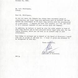 Letter - Kodak Australasia Pty Ltd, John Chester to Brian Phillipson, Long Service Badge, 16 Oct 1980