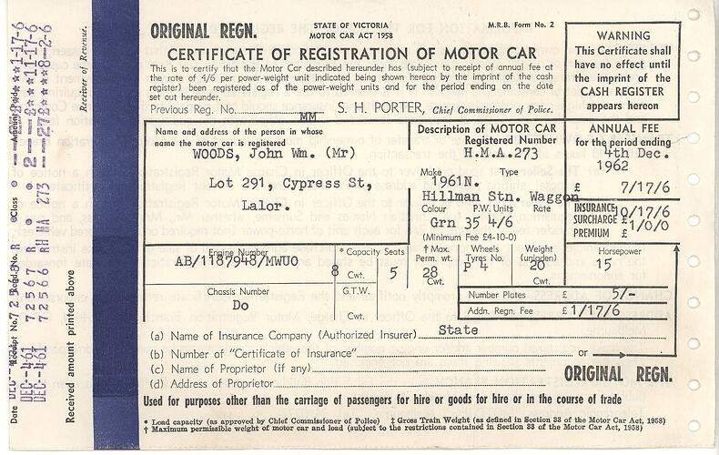 Car Registration Certificate - Holden Sedan, John Woods, West Preston, 24 Nov 1958