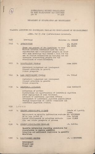 Schedule - Training Institute Counselling Program for Encouragement of Reestablishment, International Refugee Organization (IRO), Germany, circa 1950