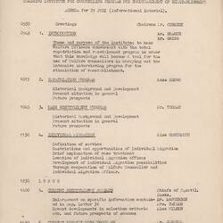 Schedule - Training Institute Counselling Program for Encouragement of Reestablishment, International Refugee Organization (IRO), Germany, circa 1950