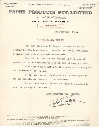 Letter - Employment Reference for Esma Banner, Paper Products Pty. Ltd., Sydney, Australia, 3 Feb 1941