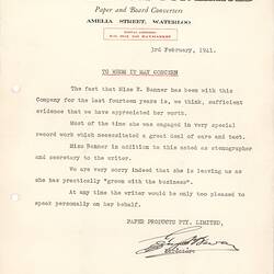 Letter - Employment Reference for Esma Banner, Paper Products Pty. Ltd., Sydney, Australia, 3 Feb 1941