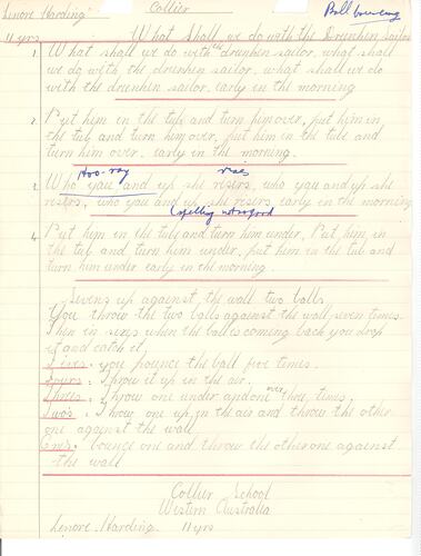 First page of handwritten game descriptions in pencil on lined paper