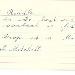 Document - Beryl Mitchell, Addressed to Dorothy Howard, Transcription of a Riddle, 1954-1955