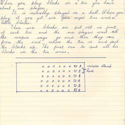 Document - Unidentified Author, Addressed to Dorothy Howard, Description of Racing Game 'Blocks in a Tin', 1954-1955
