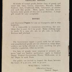 Booklet - Red Cross Society, Goods Needed for War Effort, Australian Branch, World War I, circa 1914, Page 16 (Back Page)