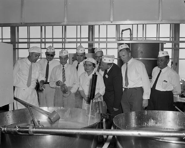 H.J. Heinz Company, Men Looking at Food Vats, Dandenong, Victoria, 02 Mar 1960