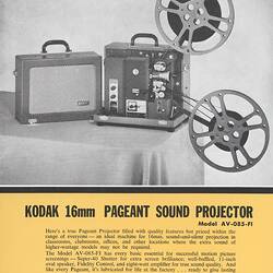 Printed text and photograph of movie projector.