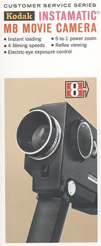 Leaflet cover with low angle photograph of camera.