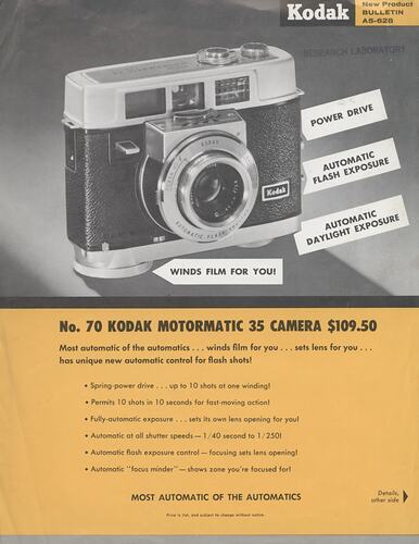 Flyer with printed text and photograph of camera.